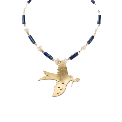 Mozaika Collective Peace Dove Handmade Necklace, solid brass with Lapis Lazuli and pearl details