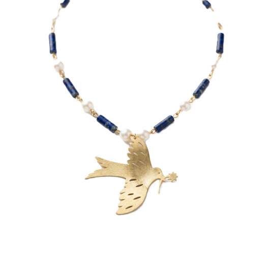 Mozaika Collective Peace Dove Handmade Necklace, solid brass with Lapis Lazuli and pearl details