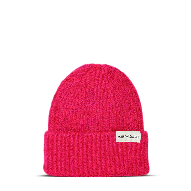 Maison Sacrée Hot Pink Knitted Beanie front view, bold 70% cotton 30% wool premium beanie