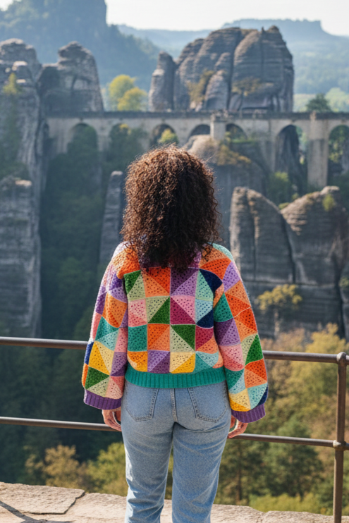 Zone Design Holi Color Cardigan worn by model, bold handmade artisan knitwear Berlin