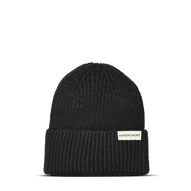 Maison Sacrée Black Knitted Beanie front view, premium cotton wool blend beanie
