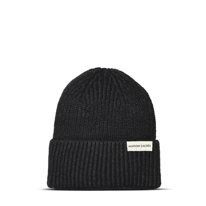 Maison Sacrée Black Knitted Beanie front view, premium cotton wool blend beanie