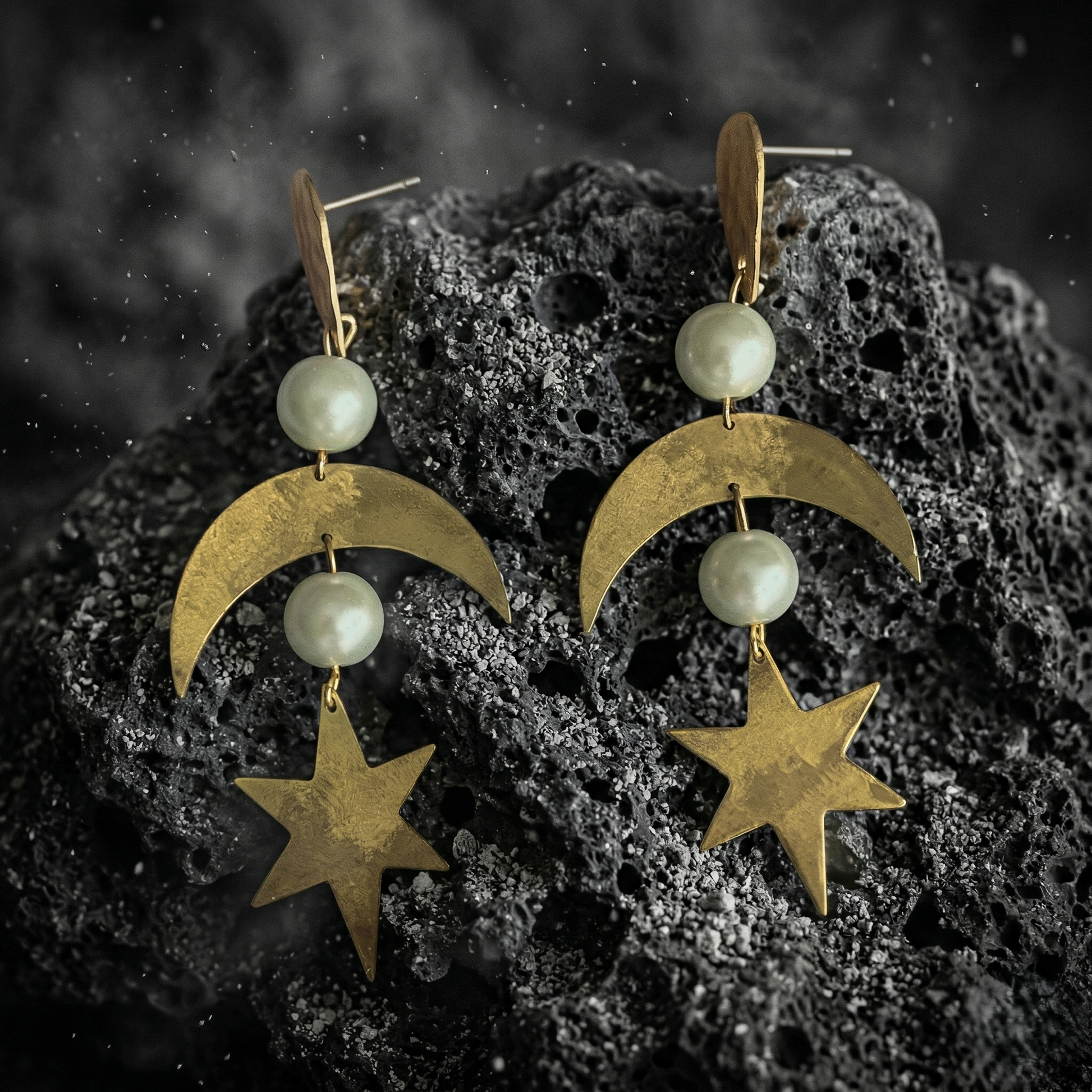 Mozaika Collective Star and Moon Earrings close-up showing hand-hammered brass crescent detail and pearl