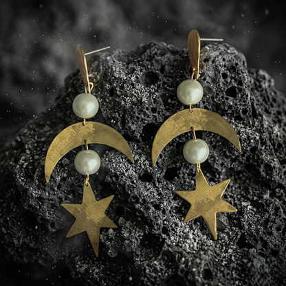 Mozaika Collective Star and Moon Earrings close-up showing hand-hammered brass crescent detail and pearl