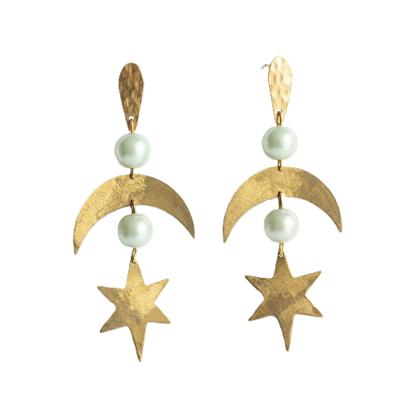 Mozaika Collective Star and Moon Handmade Brass Earrings, hand-hammered crescent and star with pearl