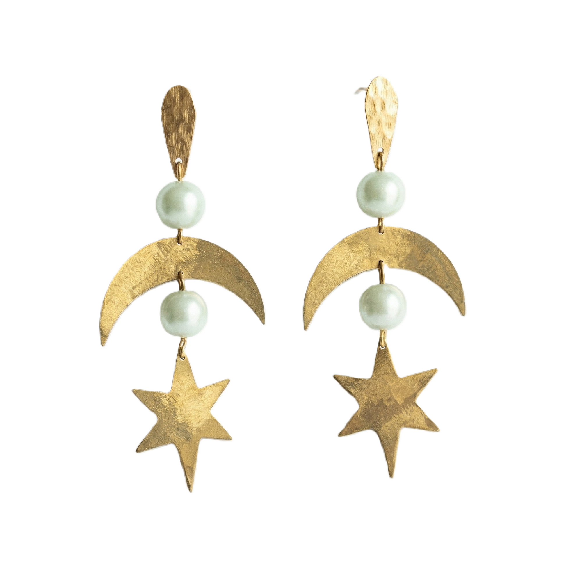 Mozaika Collective Star and Moon Handmade Brass Earrings, hand-hammered crescent and star with pearl