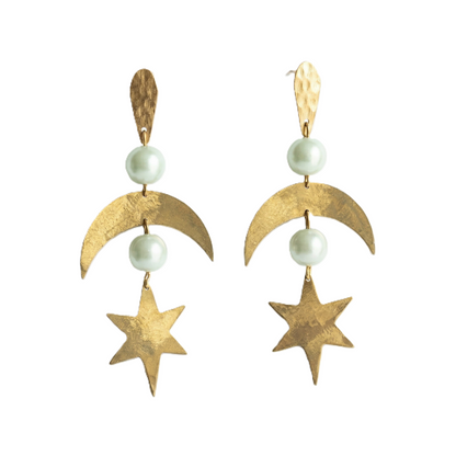Mozaika Collective Star and Moon Handmade Brass Earrings, hand-hammered crescent and star with pearl