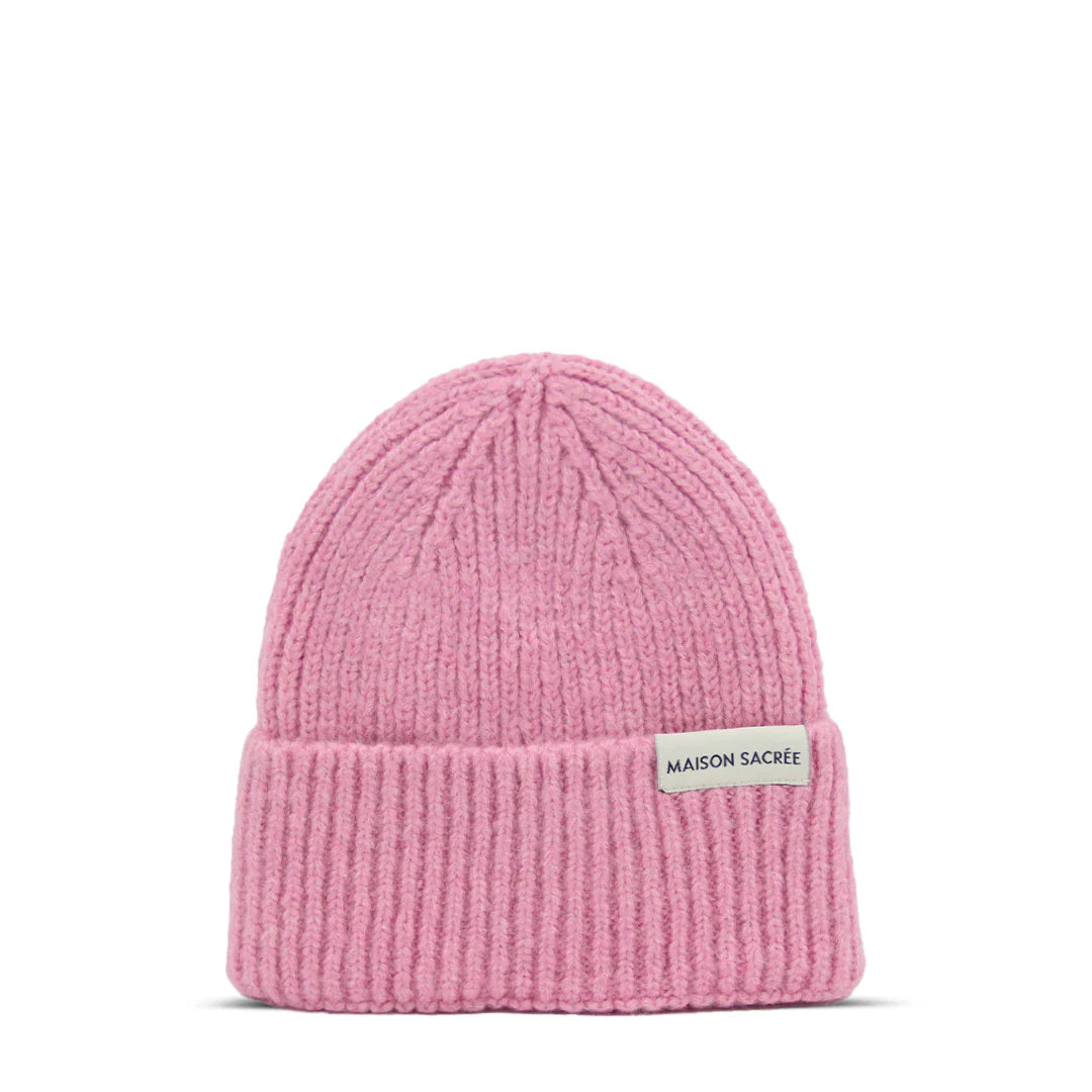 Maison Sacrée Pink Knitted Beanie front view, soft 70% cotton 30% wool everyday accessory