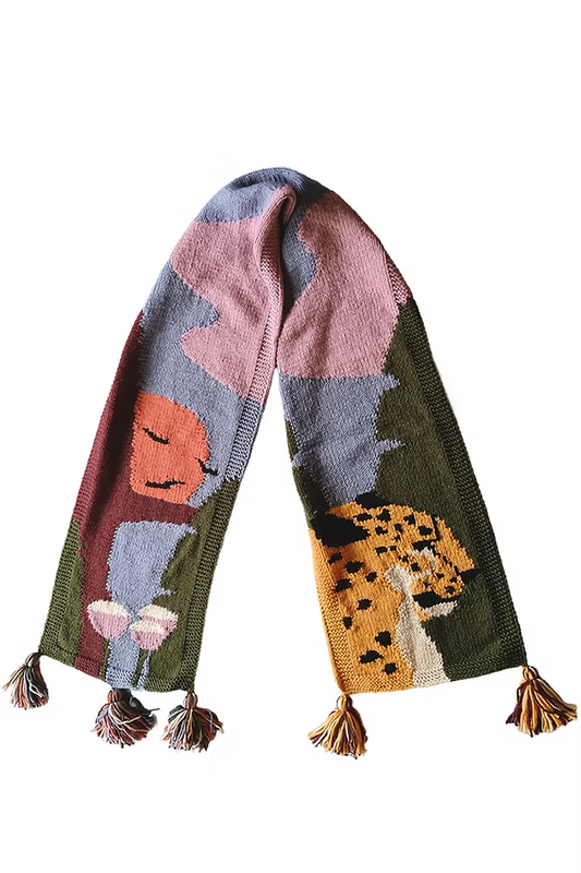 Zone Design handknitted Jungle Scarf in 100% acrylic with leopard and jungle motifs