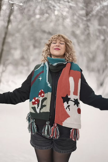 Model wearing Zone Design Bunny Scarf, unique handknitted scarf Berlin