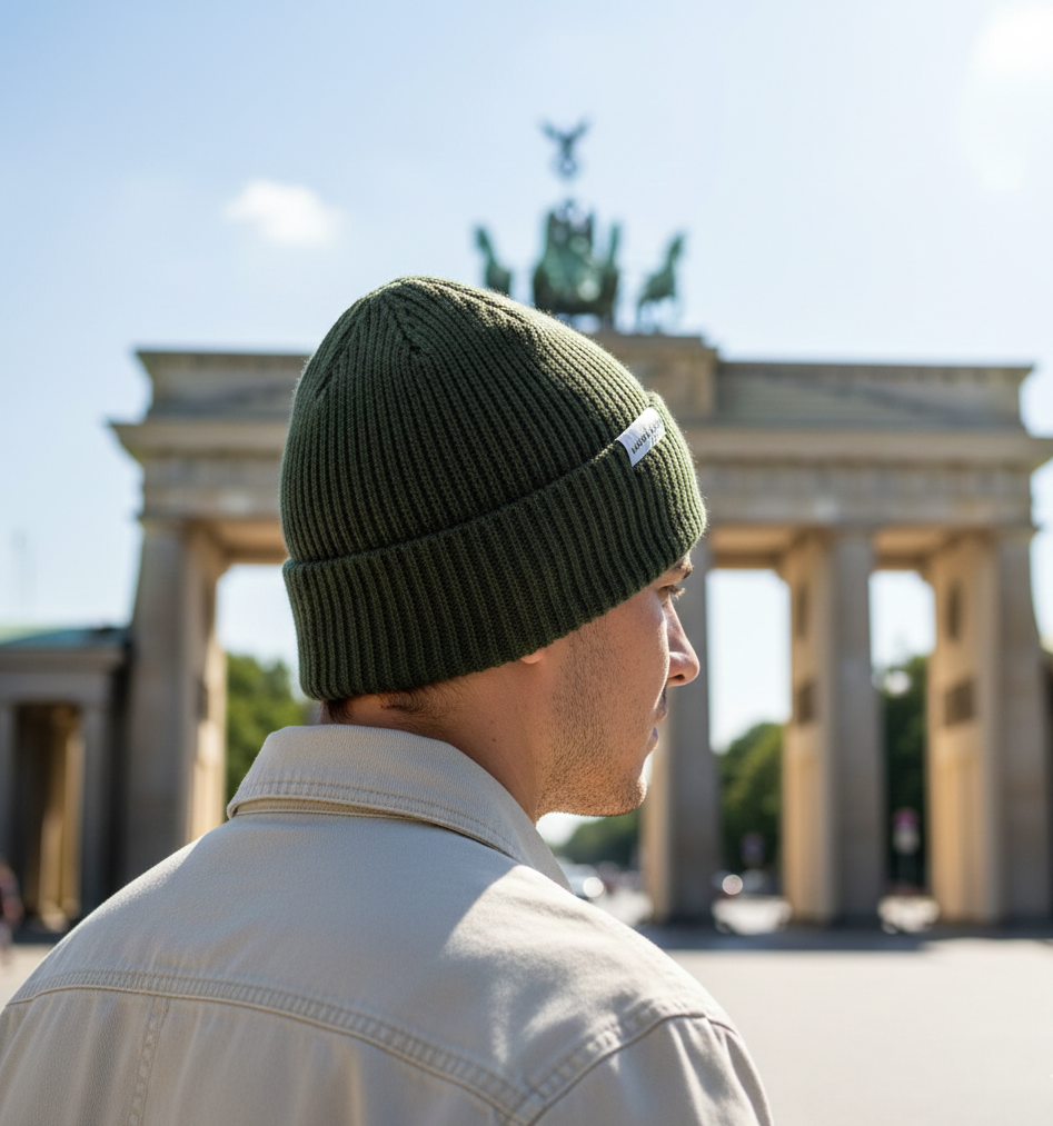 Maison Sacrée Khaki Beanie close-up detail showing logo embroidery