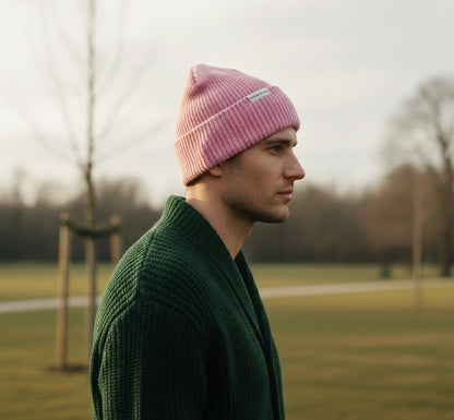 Model wearing Maison Sacrée Pink Beanie second look, stylish everyday knitted accessory