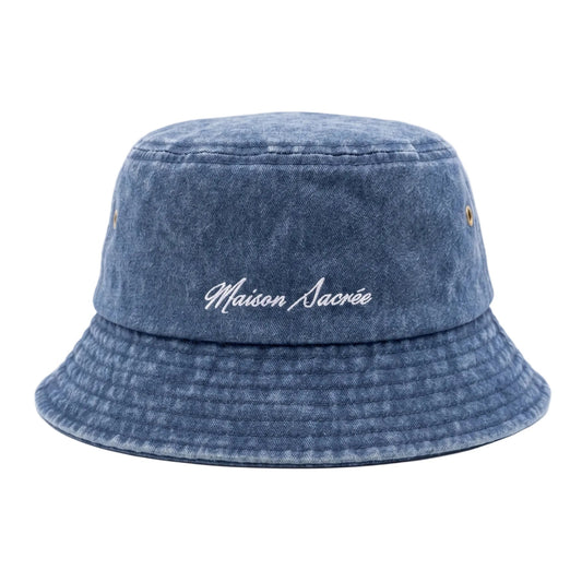 Navy Blue Bucket Hat front view — Maison Sacrée embroidery 100% cotton