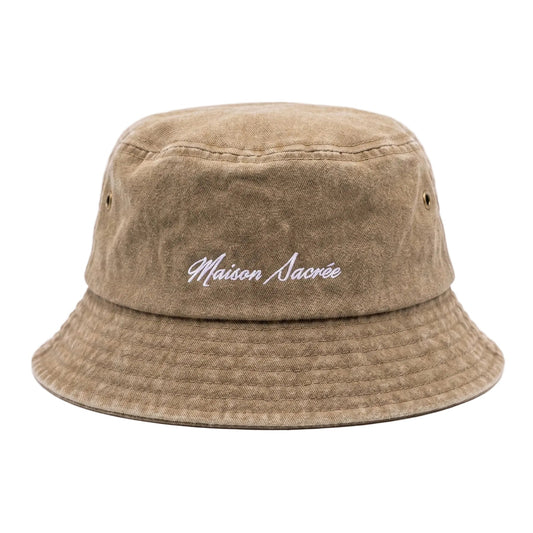 Brown Bucket Hat front view — Maison Sacrée embroidery 100% cotton