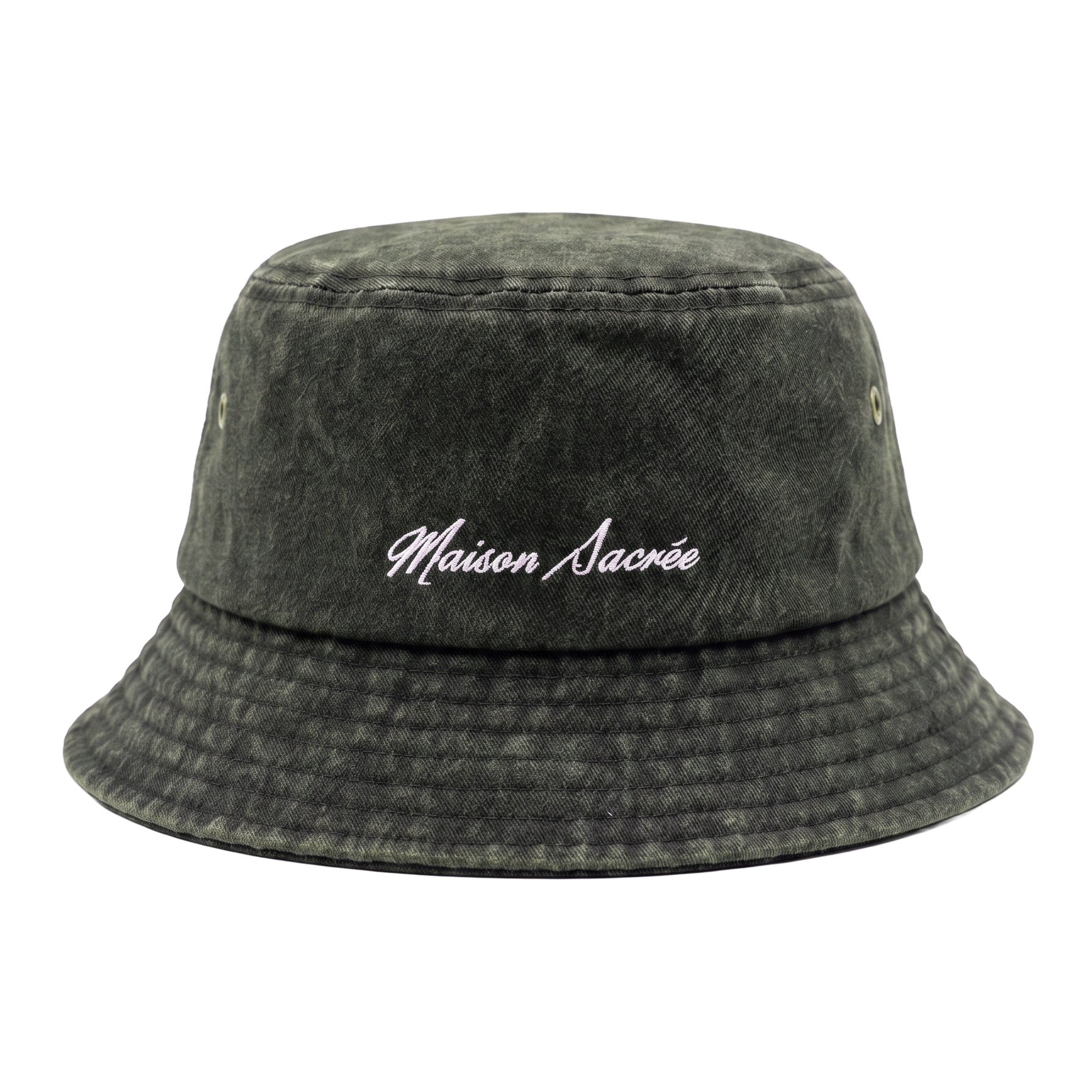 Khaki Bucket Hat front view — Maison Sacrée embroidery 100% cotton