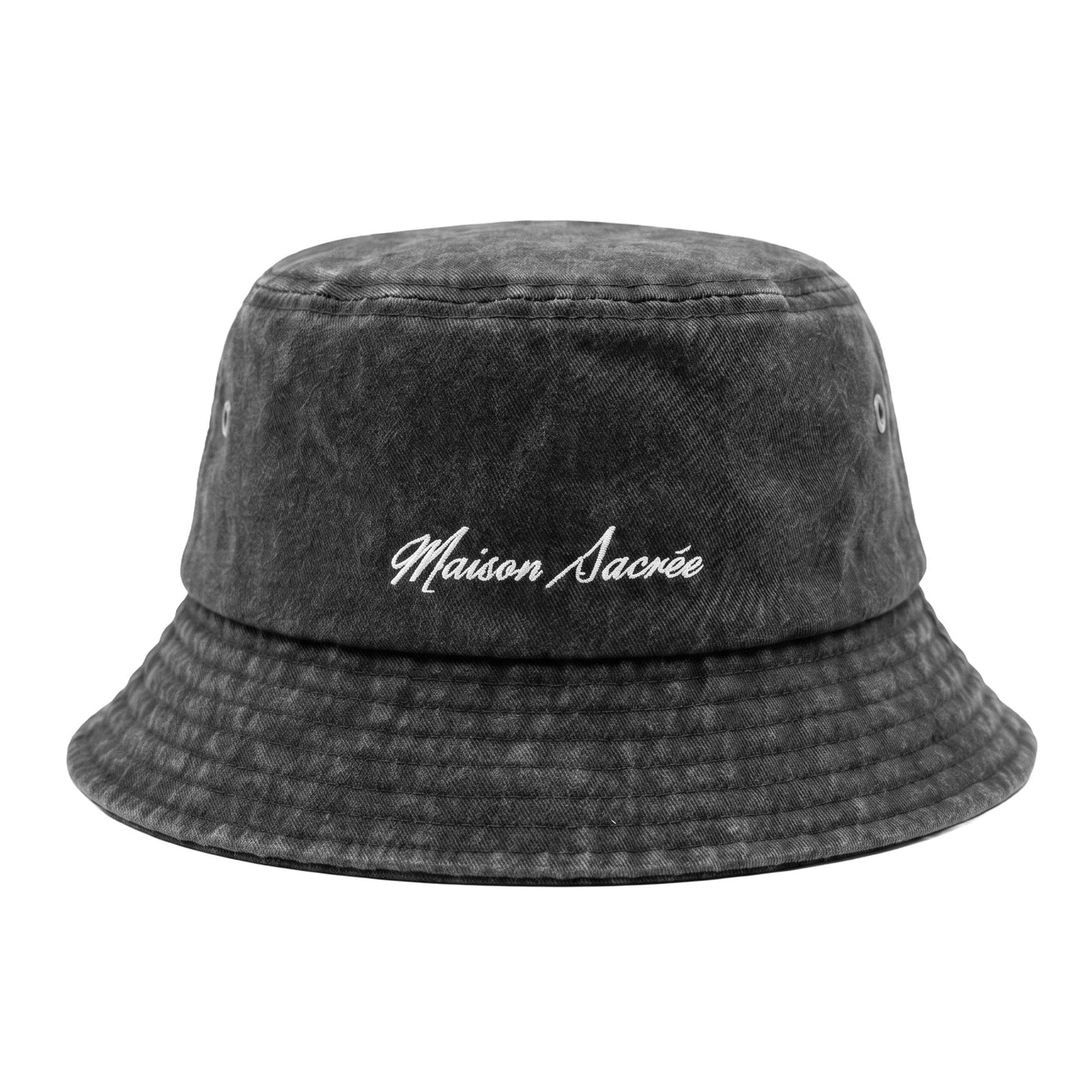 Black Bucket Hat front view — Maison Sacrée embroidery 100% cotton