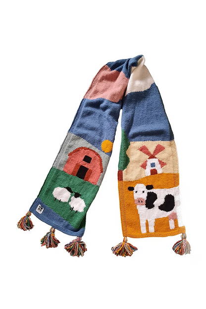 Zone Design handknitted Farm Scarf in acrylic, featuring farm animals illustration