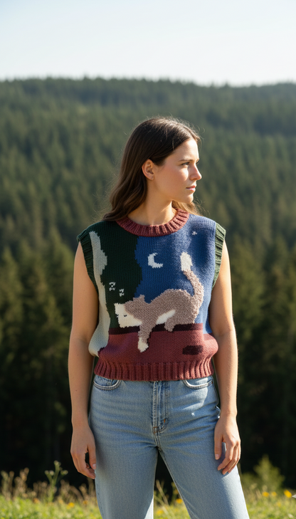 Model wearing Zone Design Pufi Sweater, unique handknitted artisan knitwear Berlin