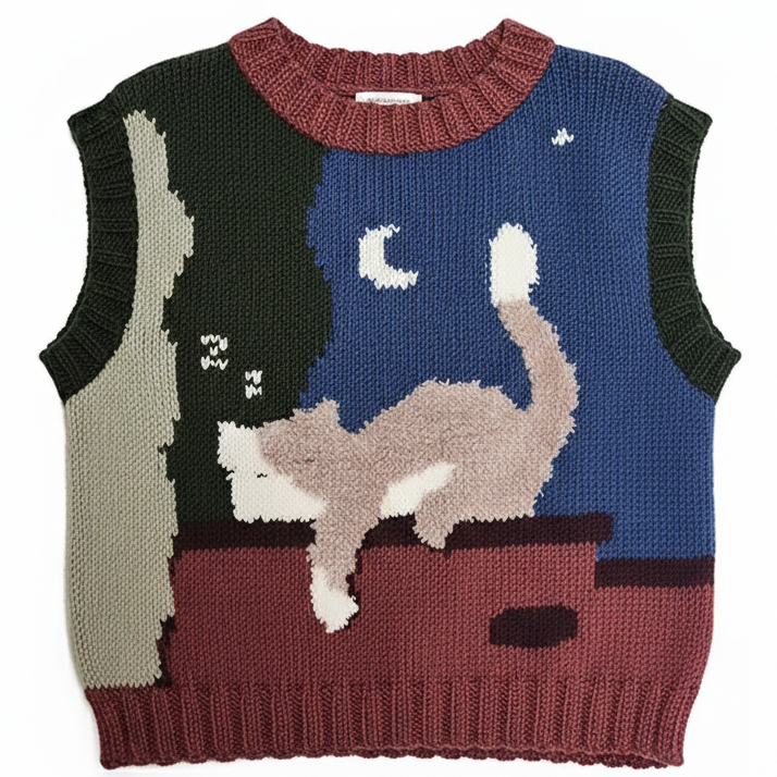 Zone Design Pufi Sweater close-up showing hand-knitted cat illustration detail