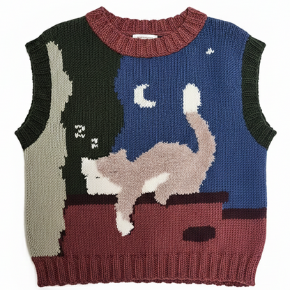 Zone Design Pufi Sweater close-up showing hand-knitted cat illustration detail