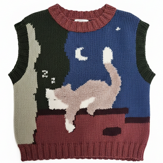 Zone Design Pufi Sweater close-up showing hand-knitted cat illustration detail