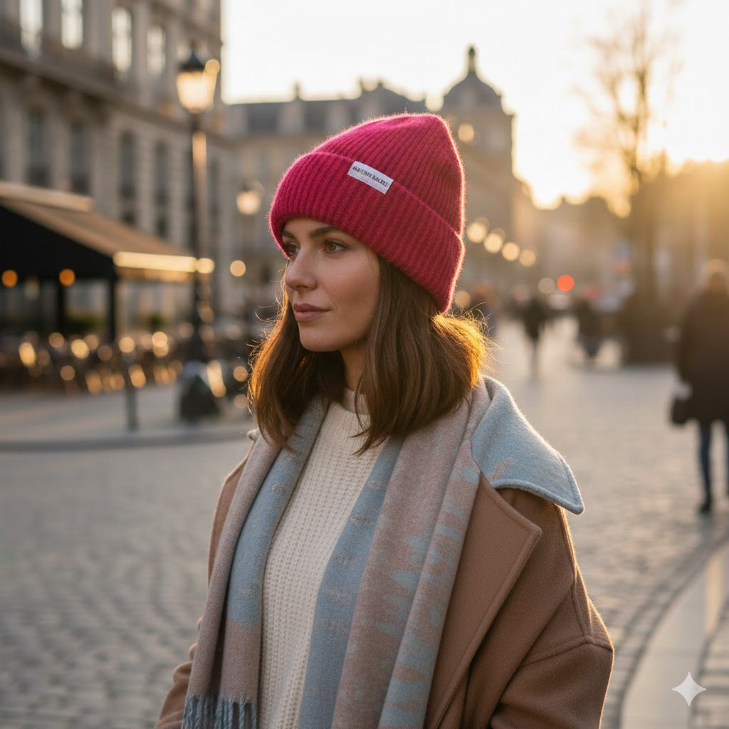 Model wearing Maison Sacrée Hot Pink Knitted Beanie, bold statement everyday accessory