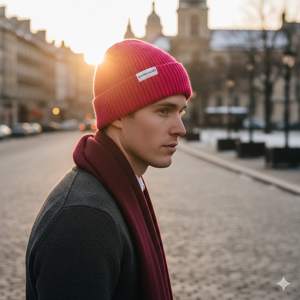 Model wearing Maison Sacrée Hot Pink Beanie second look, eye-catching knitted accessory