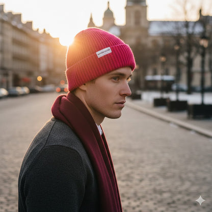 Model wearing Maison Sacrée Hot Pink Beanie second look, eye-catching knitted accessory