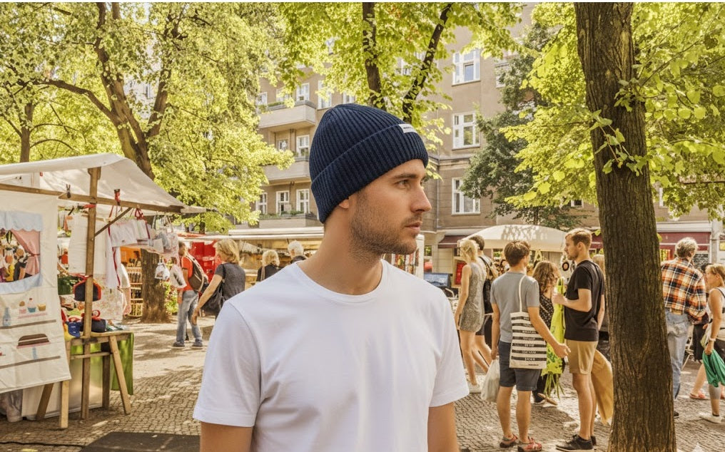 Maison Sacrée Navy Beanie worn by model, stylish knitted everyday beanie