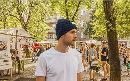 Maison Sacrée Navy Beanie worn by model, stylish knitted everyday beanie