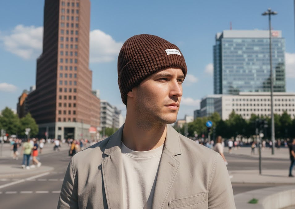 Maison Sacrée Brown Beanie close-up knit detail and logo embroidery