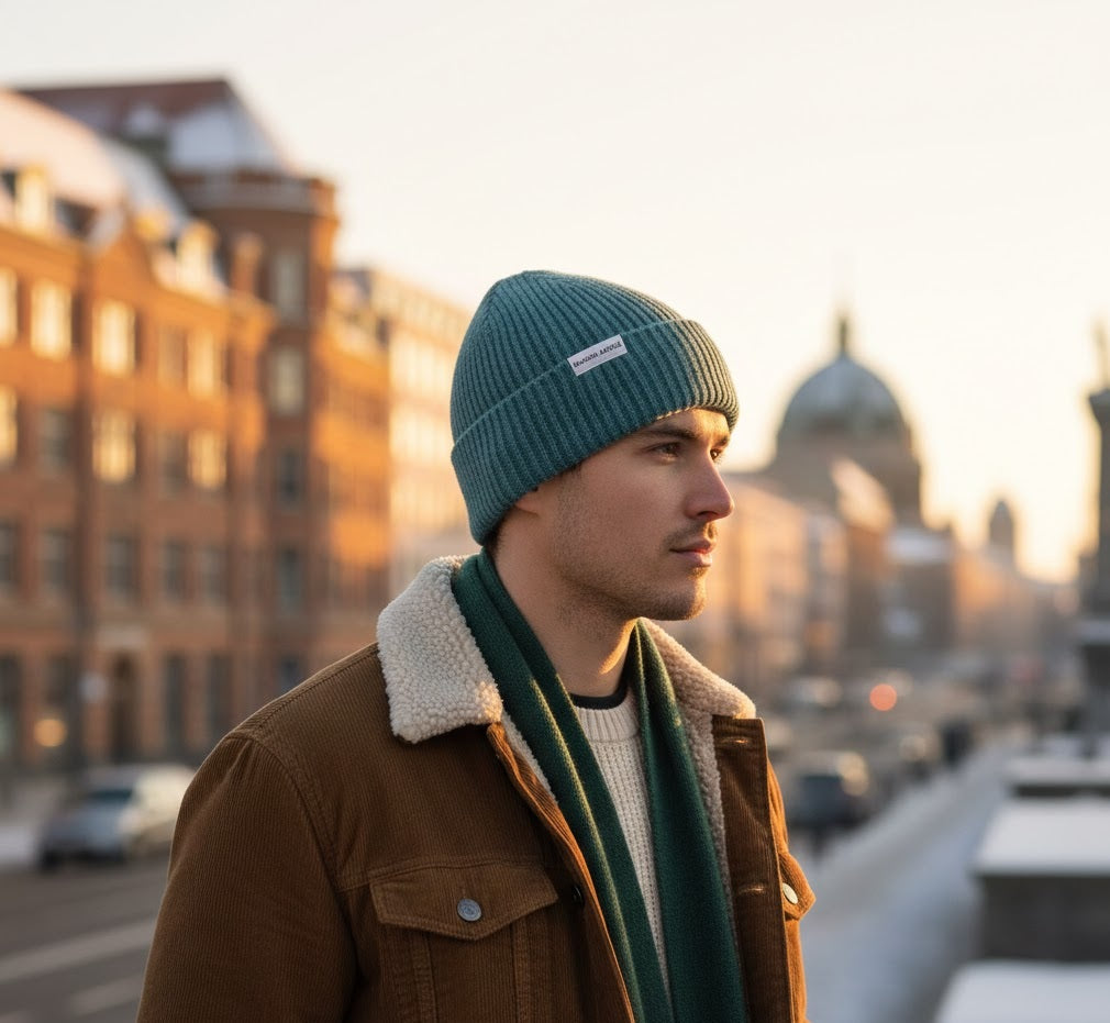 Model wearing Maison Sacrée Light Blue Knitted Beanie, go-to everyday premium beanie
