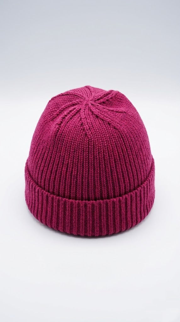 Mozaika Collective Mulberry Burgundy Beanie flat lay showing knit texture and rich colour