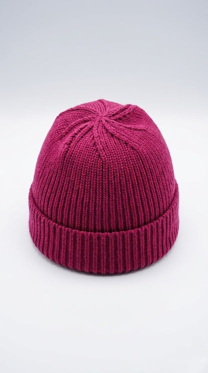Mozaika Collective Mulberry Burgundy Beanie flat lay showing knit texture and rich colour