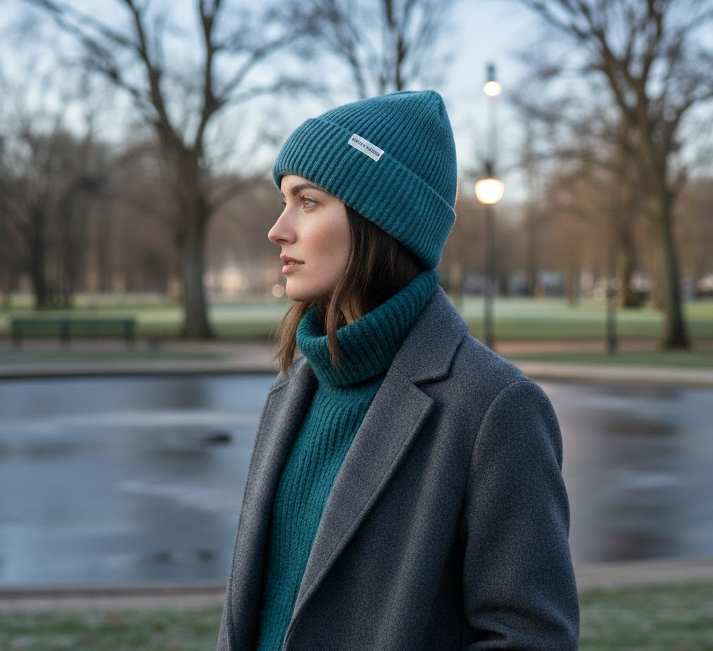Maison Sacrée Light Blue Beanie flat lay detail showing knit texture and colour