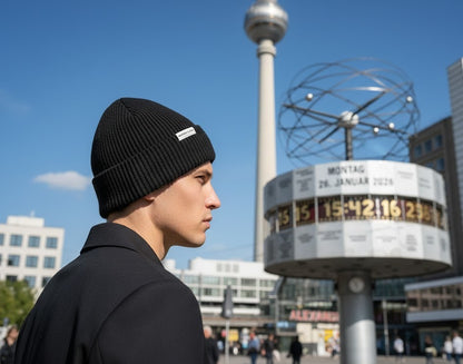 Maison Sacrée Black Beanie worn by model, versatile handknitted everyday beanie