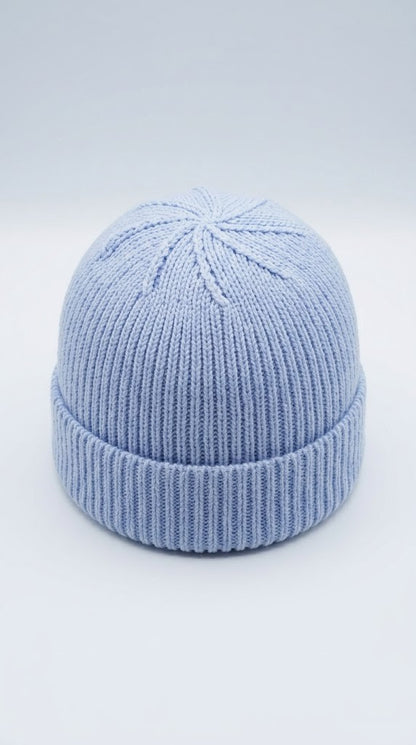 Mozaika Collective Sky Blue Beanie flat lay close-up showing cotton blend knit texture