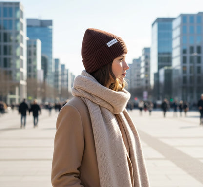 Maison Sacrée Brown Beanie worn by model, cosy handknitted everyday beanie