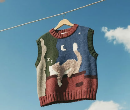 Zone Design Pufi Sweater with cat motif, handknitted in 100% acrylic, 50 hours artisan work